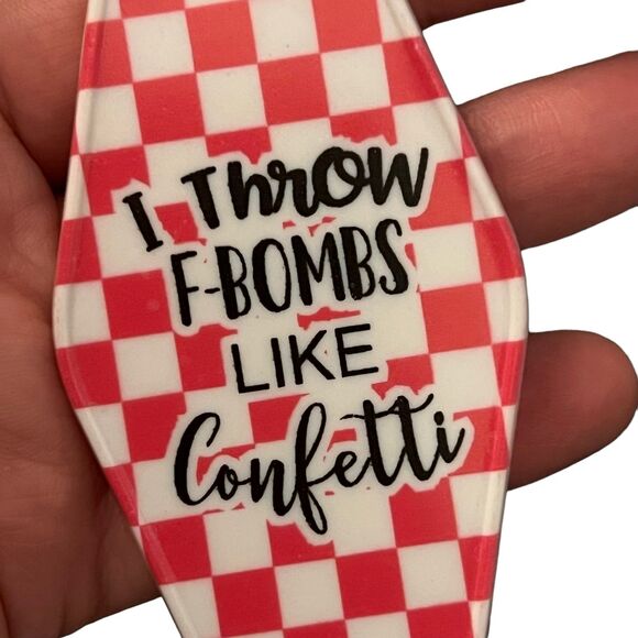 Red and White Checkered Motel Keychain   Has “I throw f b’s like confetti” - Picture 3 of 3